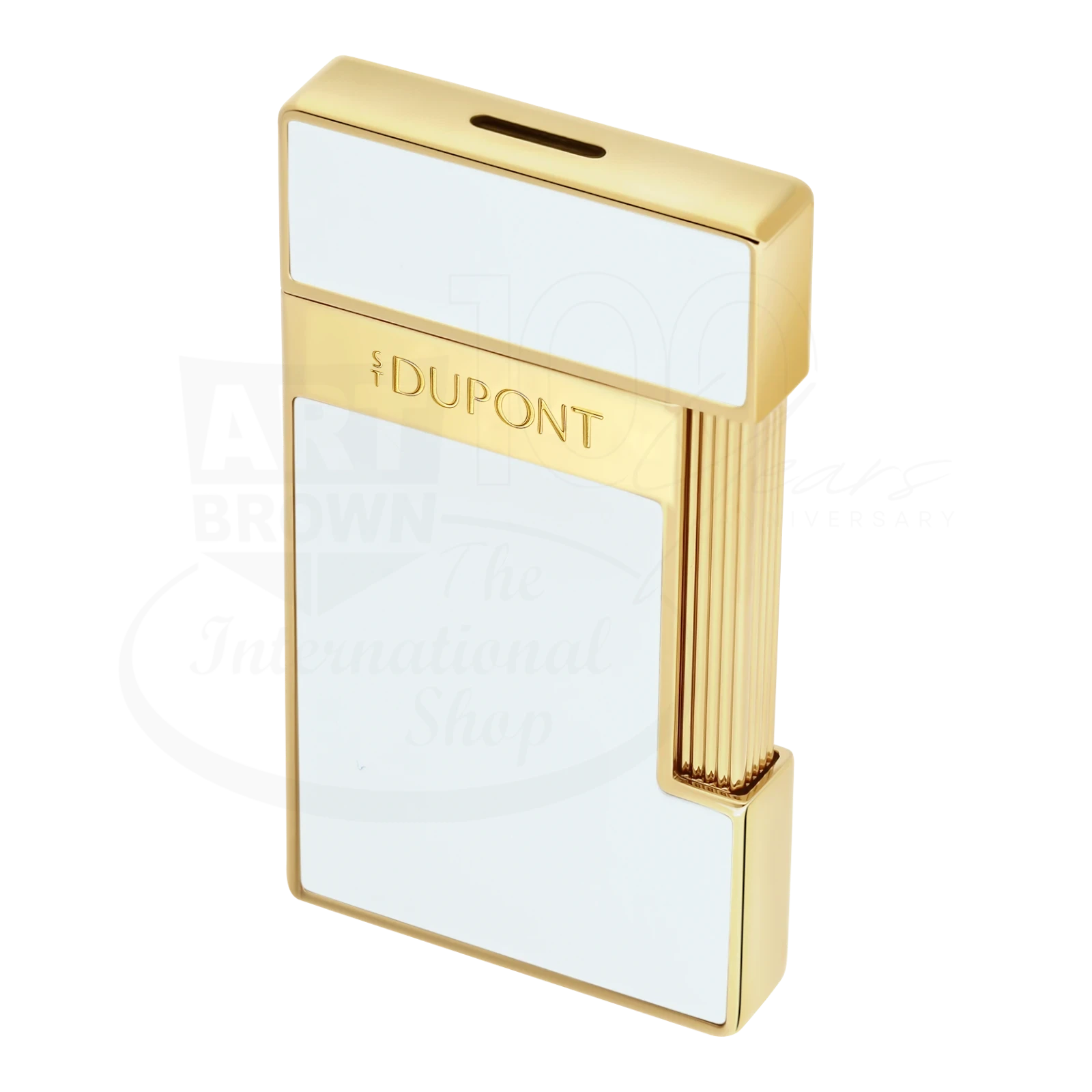 Elegant white lacquer and gold luxury lighter with S.T. Dupont engraving and sleek modern design details