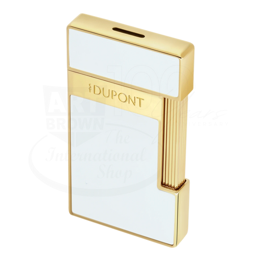 Elegant white lacquer and gold luxury lighter with S.T. Dupont engraving and sleek modern design details