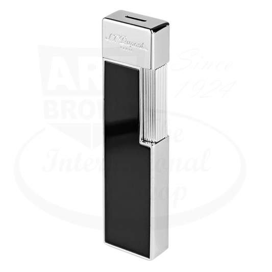 S.T. Dupont Twiggy 030001 metal lighter in chrome and black lacquer finish, featuring sleek rectangular design with vertical ridges and signature branding