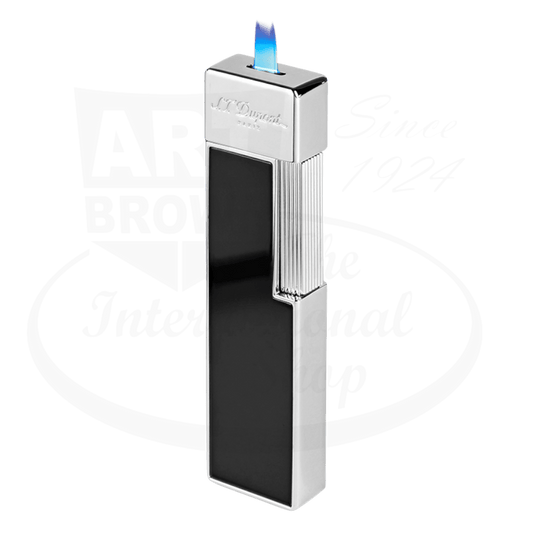 S.T. Dupont Twiggy 030001 metal lighter in chrome and black lacquer with vertical ribbed design and blue torch flame, sleek rectangular shape