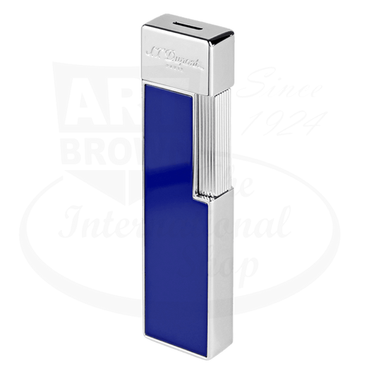 S.T. Dupont Twiggy 030005 metal lighter in shiny blue lacquer and chrome finish, featuring vertical ridges and sleek rectangular design