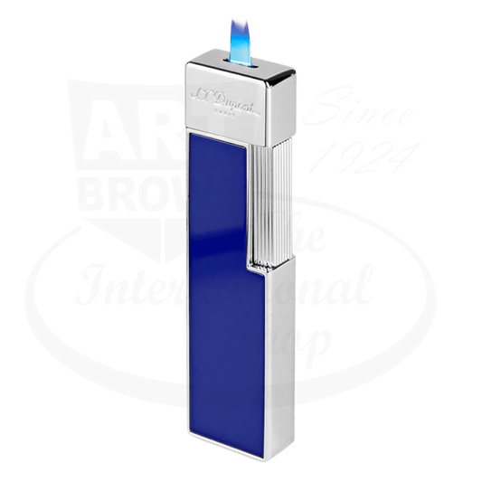S.T. Dupont Twiggy 030005 lacquer lighter in shiny blue and chrome, featuring vertical ribbed design and torch flame, sleek rectangular shape