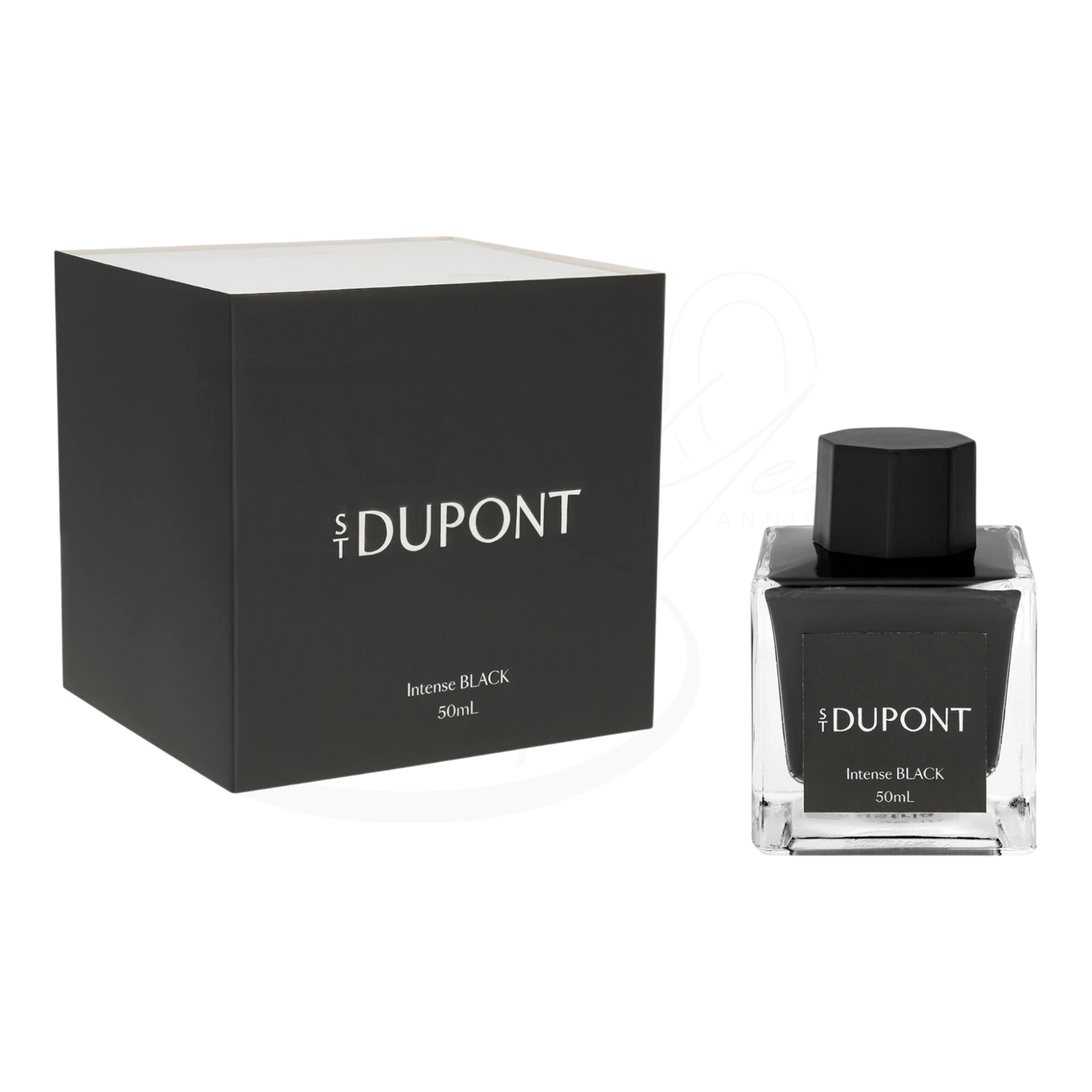 S.T. Dupont Bottled Ink - 50mL black ink in clear glass bottle with black cap and matching black box packaging