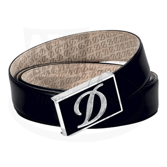 S.T. Dupont Line D leather belt in black with palladium belt buckle and diamond head guilloche