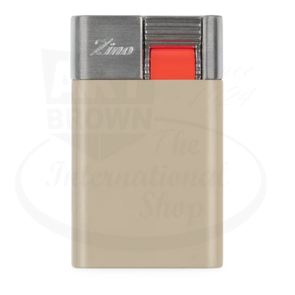 Zino ZS Jet Flame Lighter Tan with metal top, tan body, red ignition button, compact sleek design, 2.28 in height
