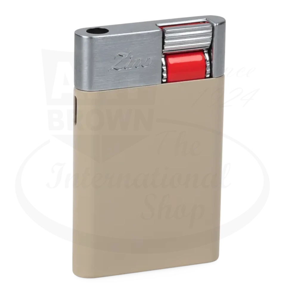 Zino ZS Jet Flame Lighter Tan with metal top, tan body, red ignition wheel, compact sleek design for cigars