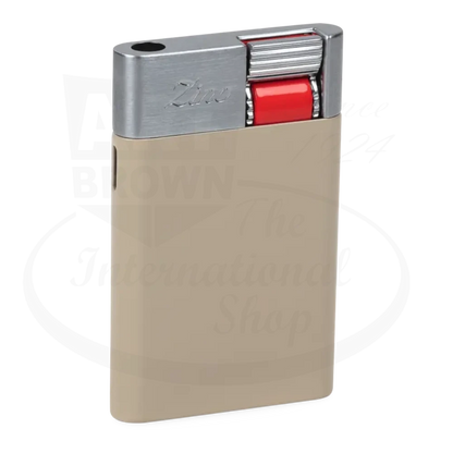 Zino ZS Jet Flame Lighter Tan with metal top, tan body, red ignition wheel, compact sleek design for cigars