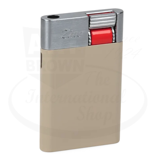 Zino ZS Jet Flame Lighter Tan with metal top, tan body, red ignition wheel, compact sleek design for cigars