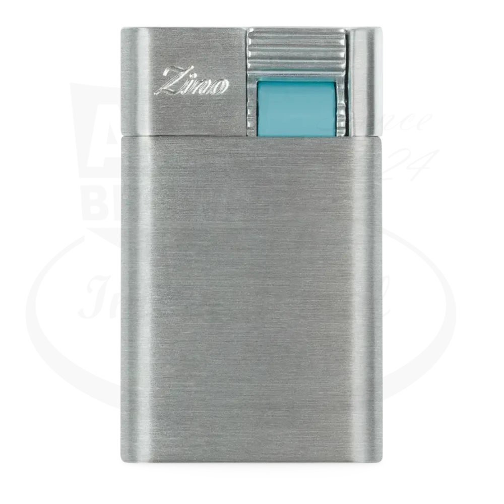 Zino ZM Jet Flame Lighter Chrome/Cyan brushed metal body with cyan dial and jet flame ignition button design.