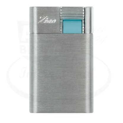 Zino ZM Jet Flame Lighter Chrome/Cyan brushed metal body with cyan dial and jet flame ignition button design.