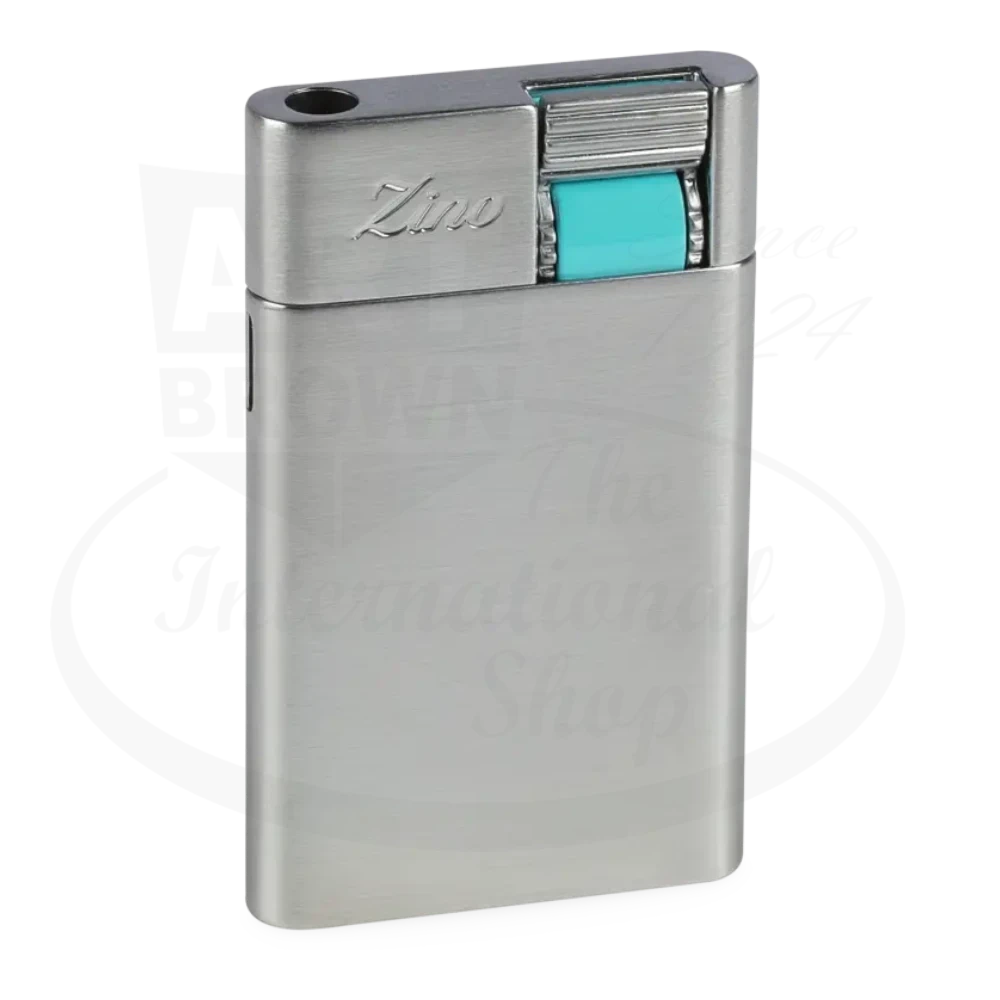 Zino ZM Jet Flame Lighter Chrome/Cyan sleek metal body with cyan ignition button, compact 2.55 in height design.