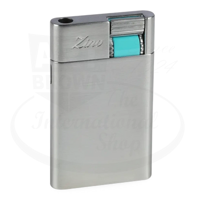 Zino ZM Jet Flame Lighter Chrome/Cyan sleek metal body with cyan ignition button, compact 2.55 in height design.