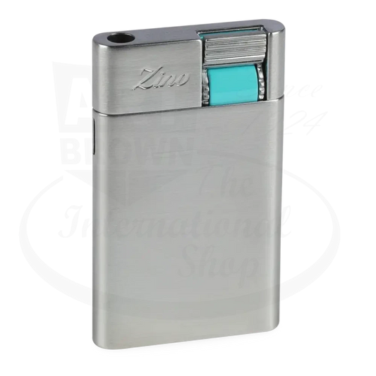 Zino ZM Jet Flame Lighter Chrome/Cyan sleek metal body with cyan ignition button, compact 2.55 in height design.