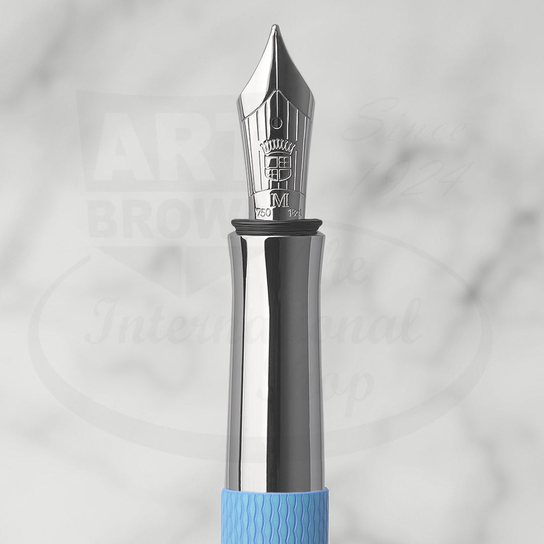 Graf von Faber-Castell Guilloche Blue Gulf fountain pen nib in polished silver with detailed engraving and resin grip