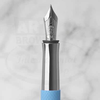Graf von Faber-Castell Guilloche Blue Gulf fountain pen nib in polished silver with detailed engraving and resin grip
