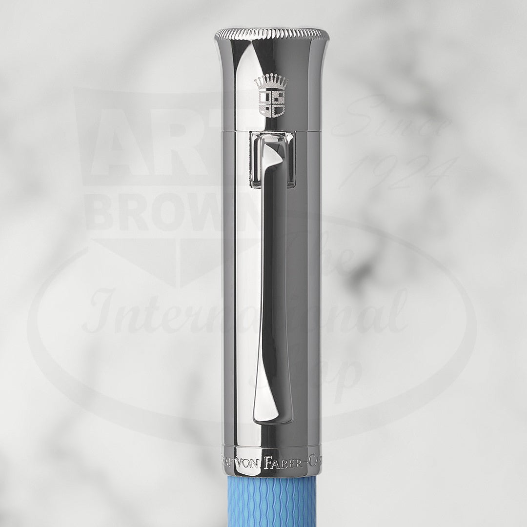 Graf von Faber-Castell Guilloche Blue Gulf Fountain Pen silver metal cap with clip and blue patterned resin barrel