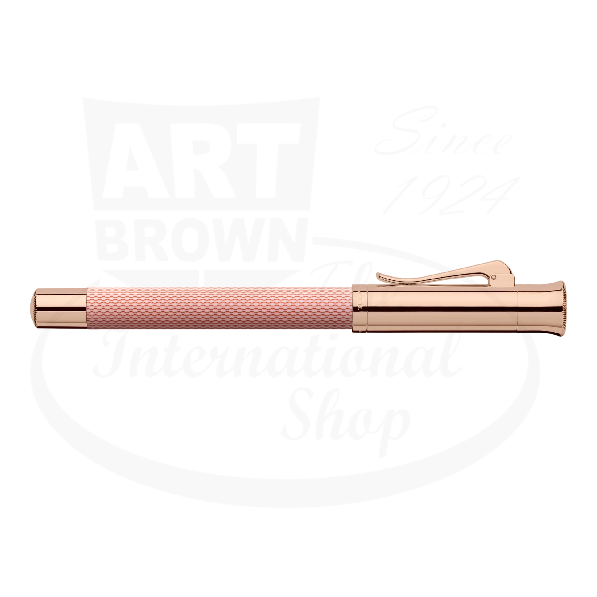 Graf von Faber-Castell Guilloche Rose Gold fountain pen with engraved resin barrel and polished rose gold metal accents