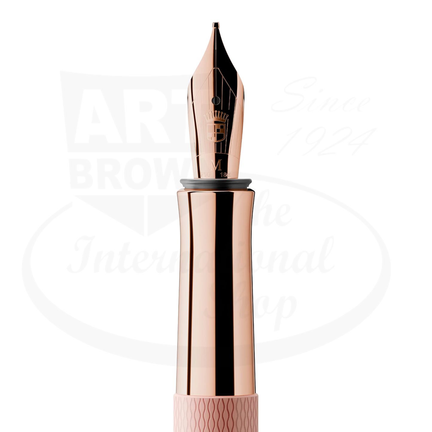 Graf von Faber-Castell Guilloche fountain pen nib in rose gold metal with engraved decorative pattern on resin barrel