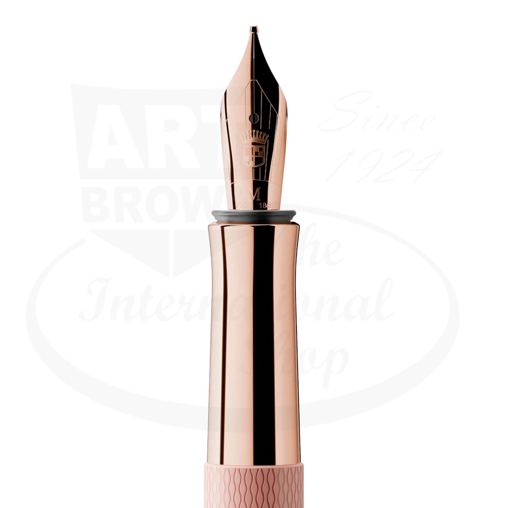 Graf von Faber-Castell Guilloche fountain pen nib in rose gold metal with engraved decorative pattern on resin barrel