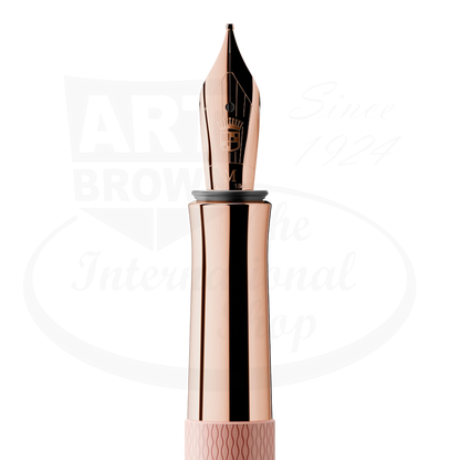 Graf von Faber-Castell Guilloche fountain pen nib in rose gold metal with engraved decorative pattern on resin barrel