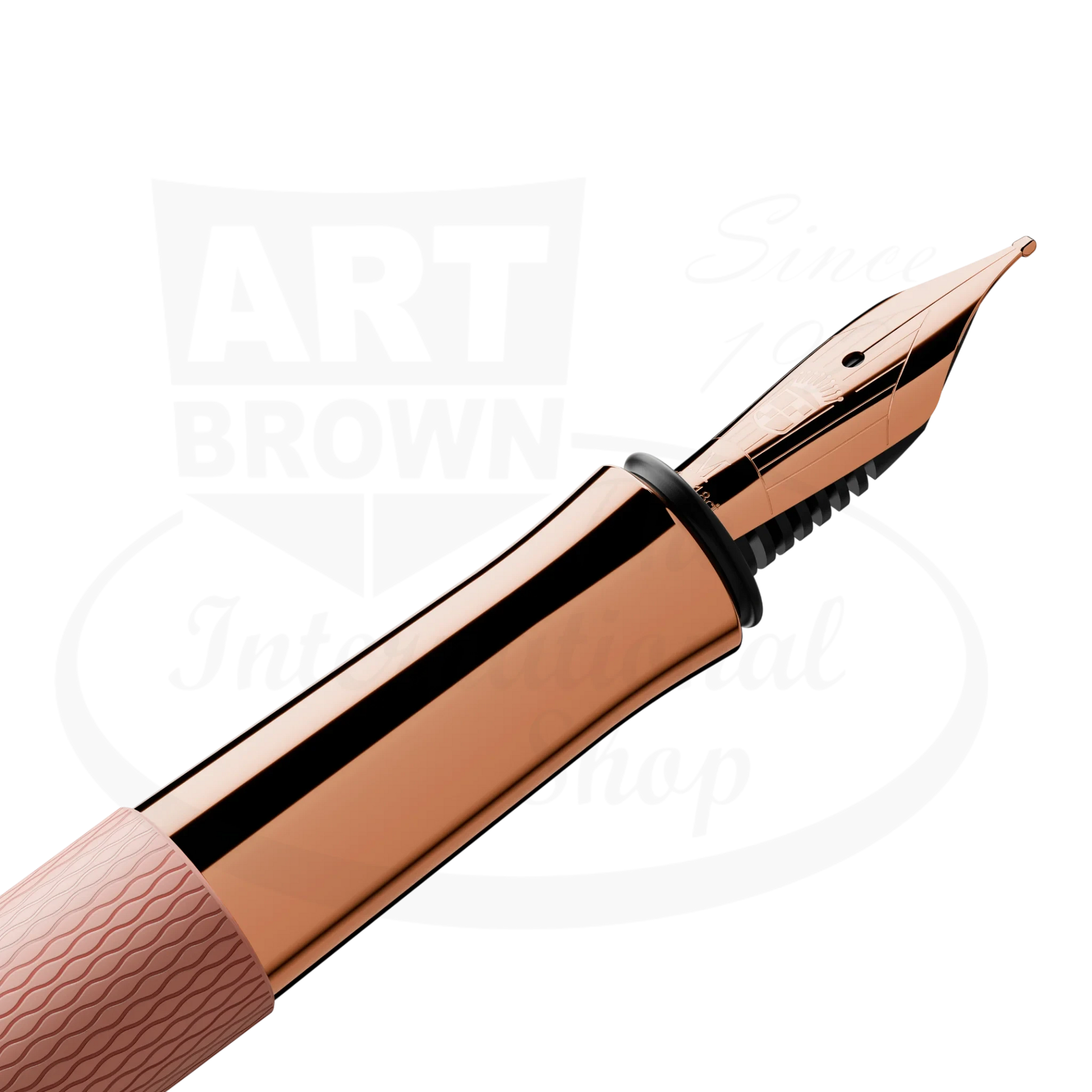Graf von Faber-Castell Guilloche Rose Gold fountain pen with engraved resin barrel and rose gold nib close-up