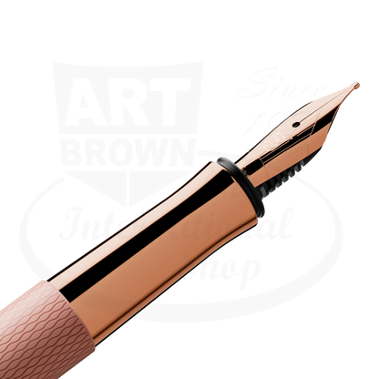 Graf von Faber-Castell Guilloche Rose Gold fountain pen with engraved resin barrel and rose gold nib close-up