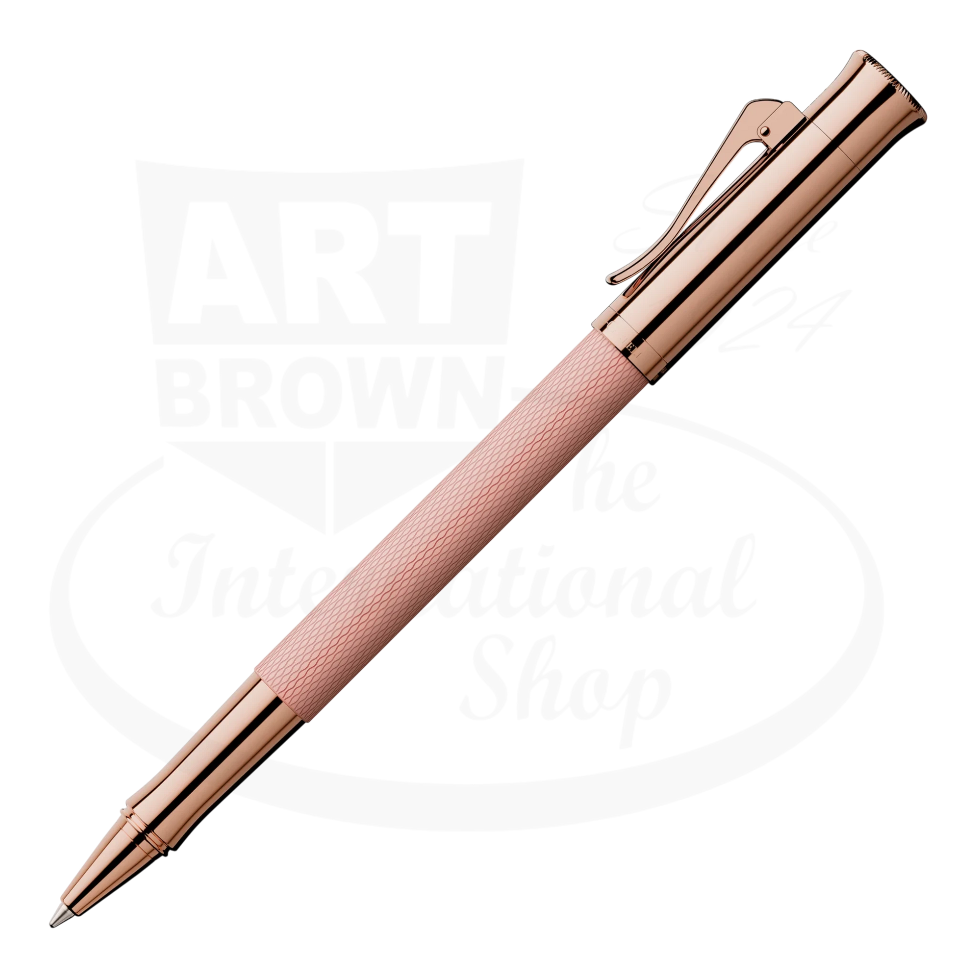 Graf von Faber-Castell Guilloche Rose Gold Rollerball Pen with resin barrel and rose gold metal accents, detailed guilloché pattern