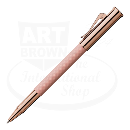 Graf von Faber-Castell Guilloche Rose Gold Rollerball Pen with resin barrel and rose gold metal accents, detailed guilloché pattern