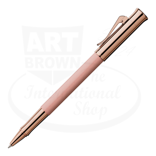 Graf von Faber-Castell Guilloche Rose Gold Rollerball Pen with resin barrel and rose gold metal accents, detailed guilloché pattern