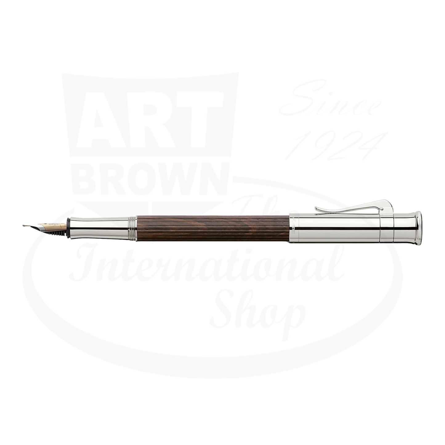 Graf von Faber-Castell Classic Grenadilla Fountain Pen with silver accents and dark brown dense wood barrel, sleek etching