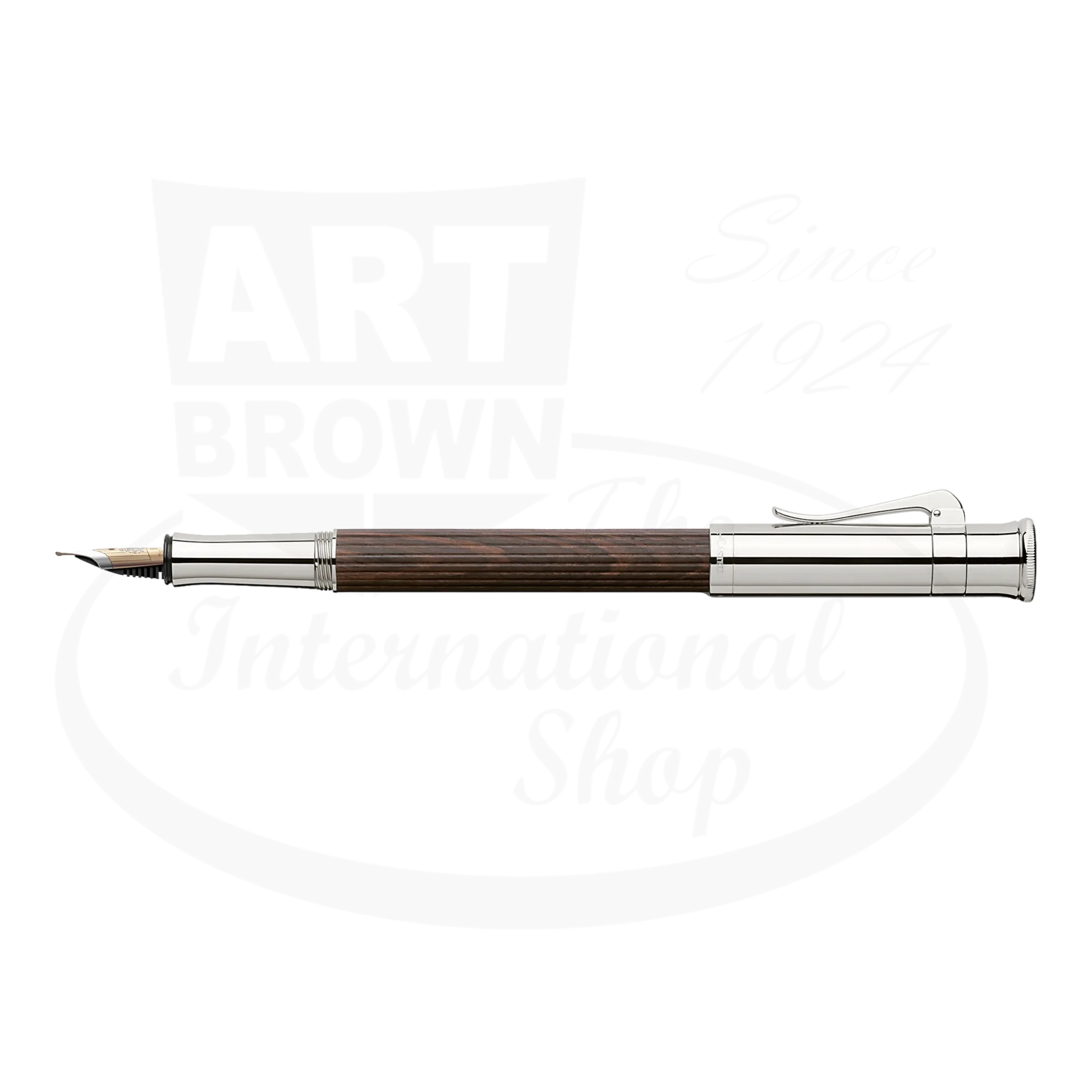 Graf von Faber-Castell Classic Grenadilla Fountain Pen with silver accents and dark brown dense wood barrel, sleek etching