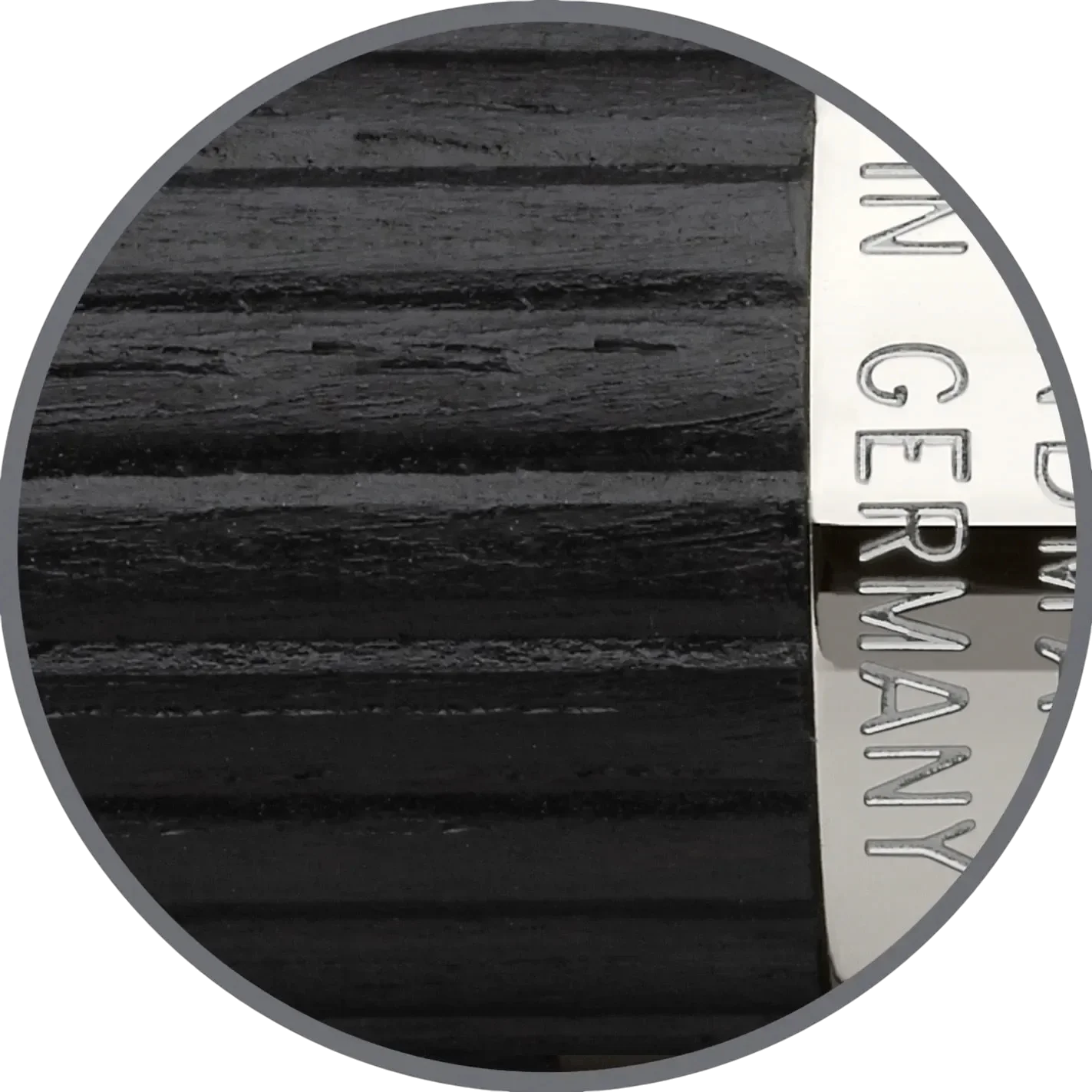 Graf von Faber-Castell Classic Ebony Fountain Pen barrel close-up showing deep black ebony wood texture and metal band engraving