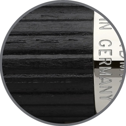 Graf von Faber-Castell Classic Ebony Fountain Pen barrel close-up showing deep black ebony wood texture and metal band engraving
