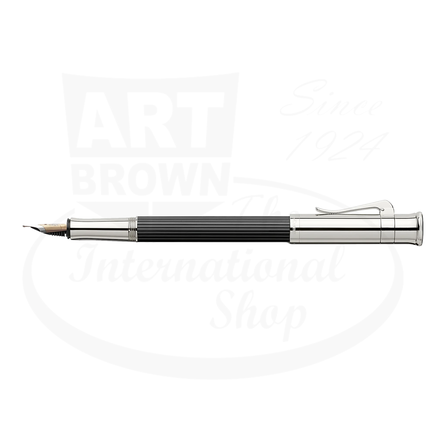 Graf von Faber-Castell Classic Ebony Fountain Pen with silver trim and finely ribbed ebony wood barrel, open nib shown