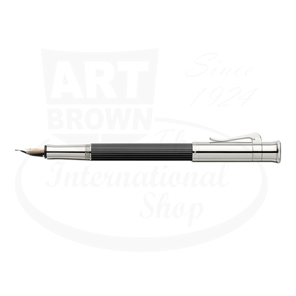 Graf von Faber-Castell Classic Ebony Fountain Pen with silver trim and finely ribbed ebony wood barrel, open nib shown