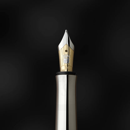 Graf von Faber-Castell Classic Ebony Fountain Pen metal nib with gold accents and polished silver section close-up