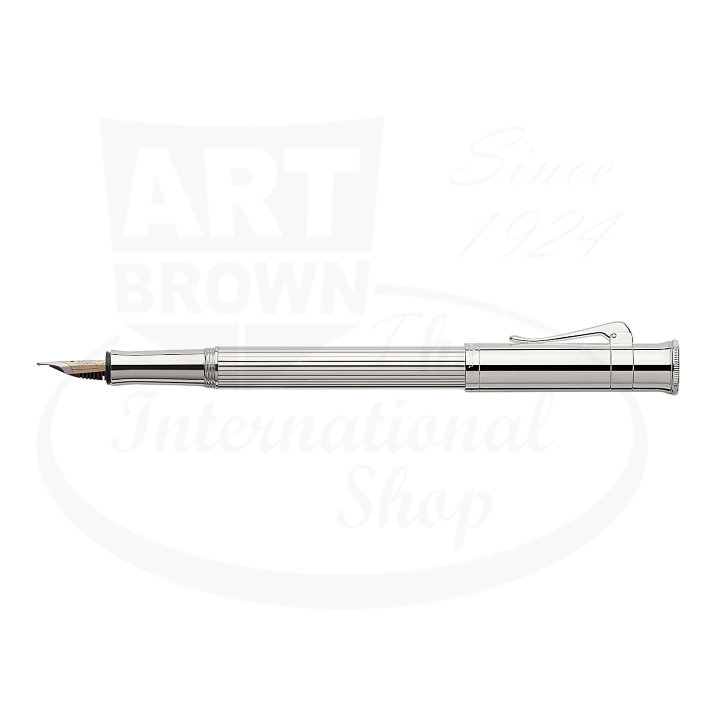 Graf von Faber-Castell Classic Platinum Plated Fountain Pen with fluted metal barrel and silver finish, closed cap visible