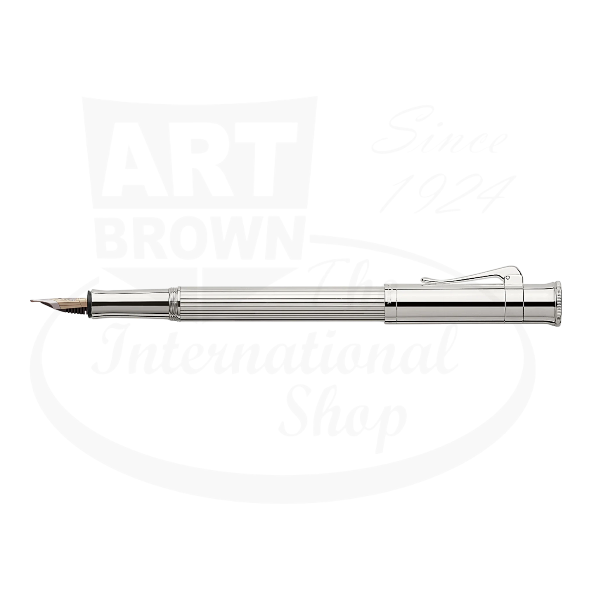 Graf von Faber-Castell Classic Platinum Plated Fountain Pen with fluted metal barrel and silver finish, closed cap visible