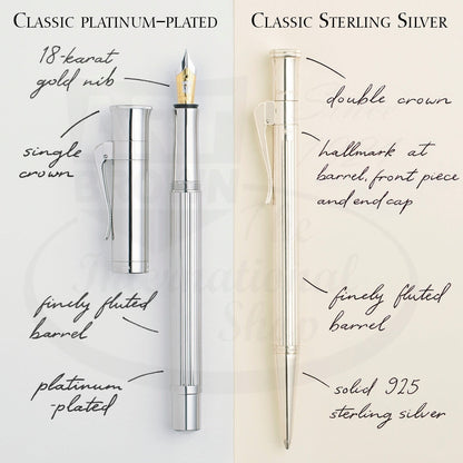 Graf von Faber-Castell Classic Platinum-Plated Fountain Pen with 18K gold nib and finely fluted platinum barrel