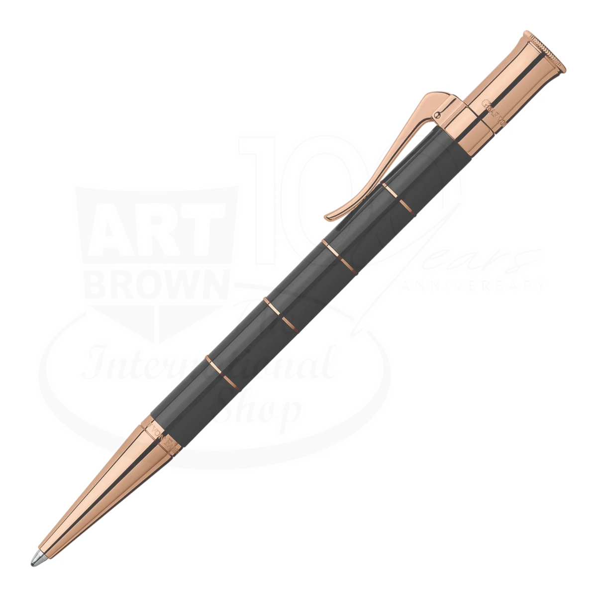 Graf von Faber-Castell Anello ballpoint pen in black resin with rose gold accents shown diagonally