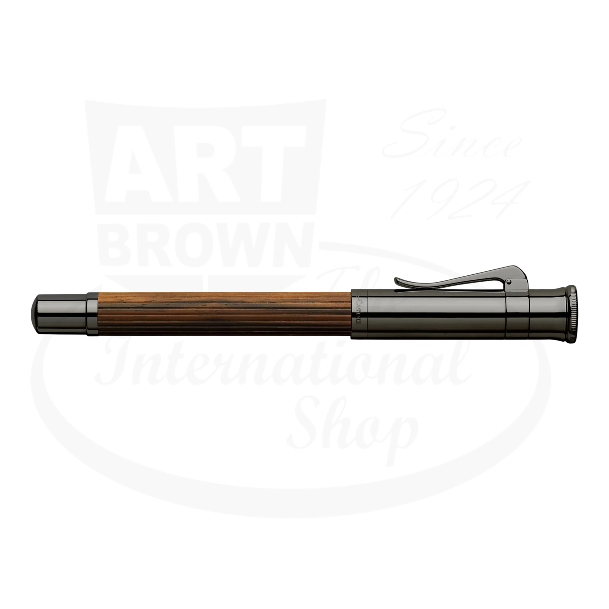 Graf von Faber-Castell Classic Macassar Fountain Pen wooden barrel with black metallic accents and clip side view