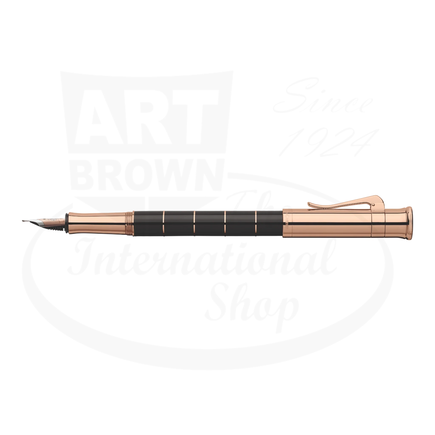 Graf von Faber-Castell Anello Black Resin Rose Gold fountain pen with segmented black body and rose gold accents side view