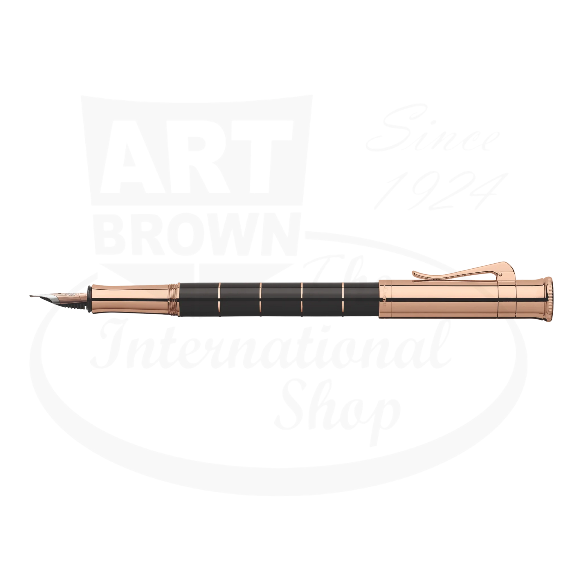 Graf von Faber-Castell Anello Black Resin Rose Gold fountain pen with segmented black body and rose gold accents side view