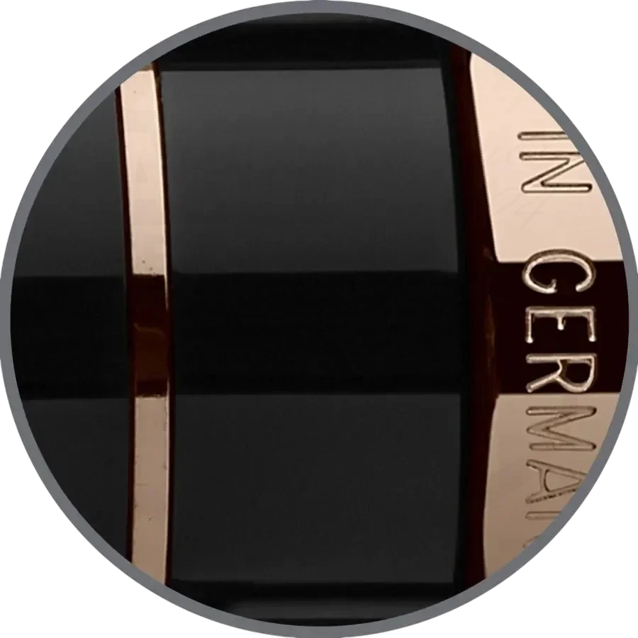 Graf von Faber-Castell Anello Black Resin with rose gold-plated rings close-up section of barrel and cap detailing