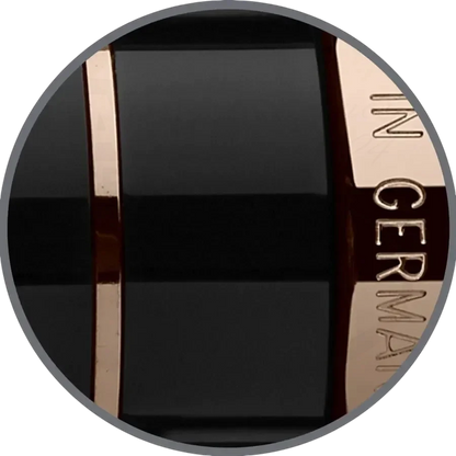 Graf von Faber-Castell Anello Black Resin with rose gold-plated rings close-up section of barrel and cap detailing