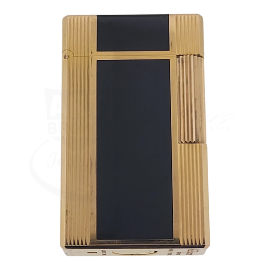 Preowned Vintage S.T. Dupont Ligne 1 Tall BR Windsor Black & Gold Lighter, 014600-D2 , black lacquer with gold plating