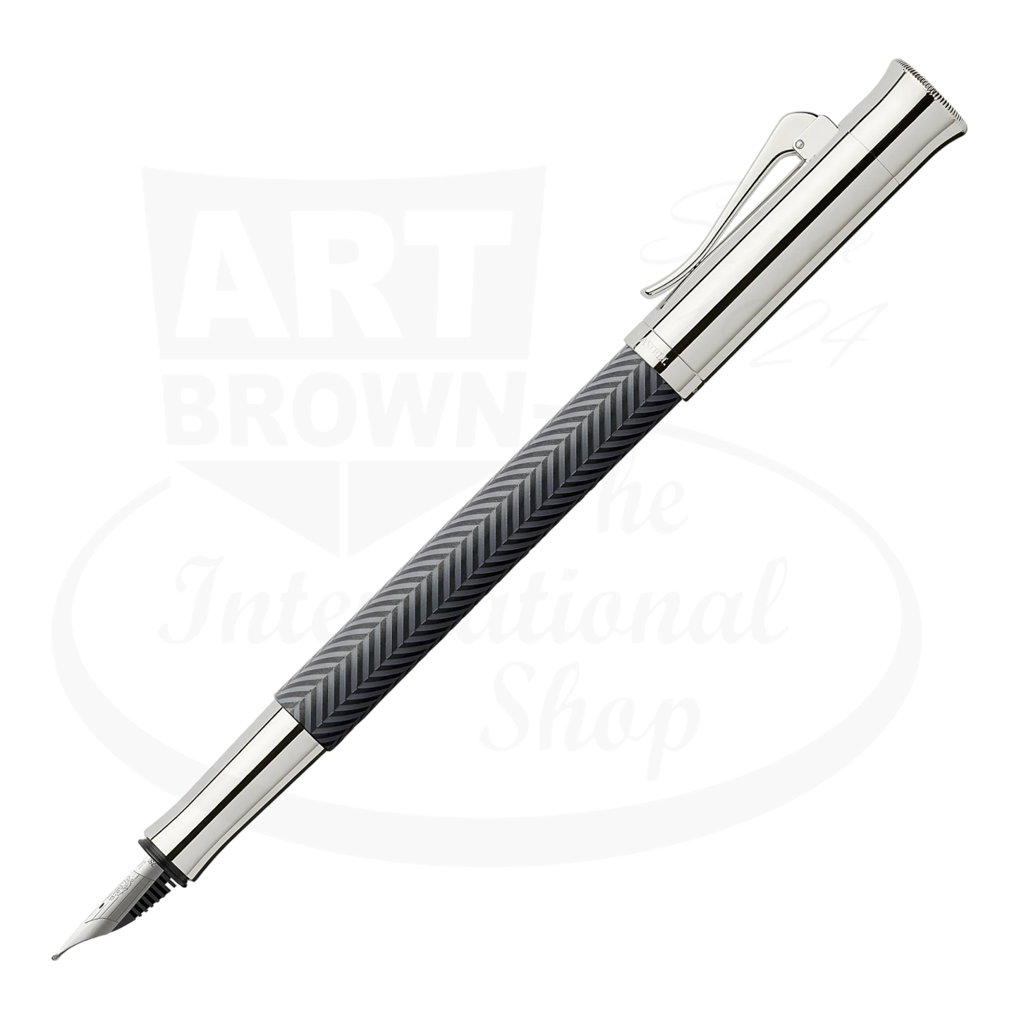 Graf von Faber-Castell Guilloche Anthracite fountain pen with matte resin barrel and silver metal accents in herringbone pattern