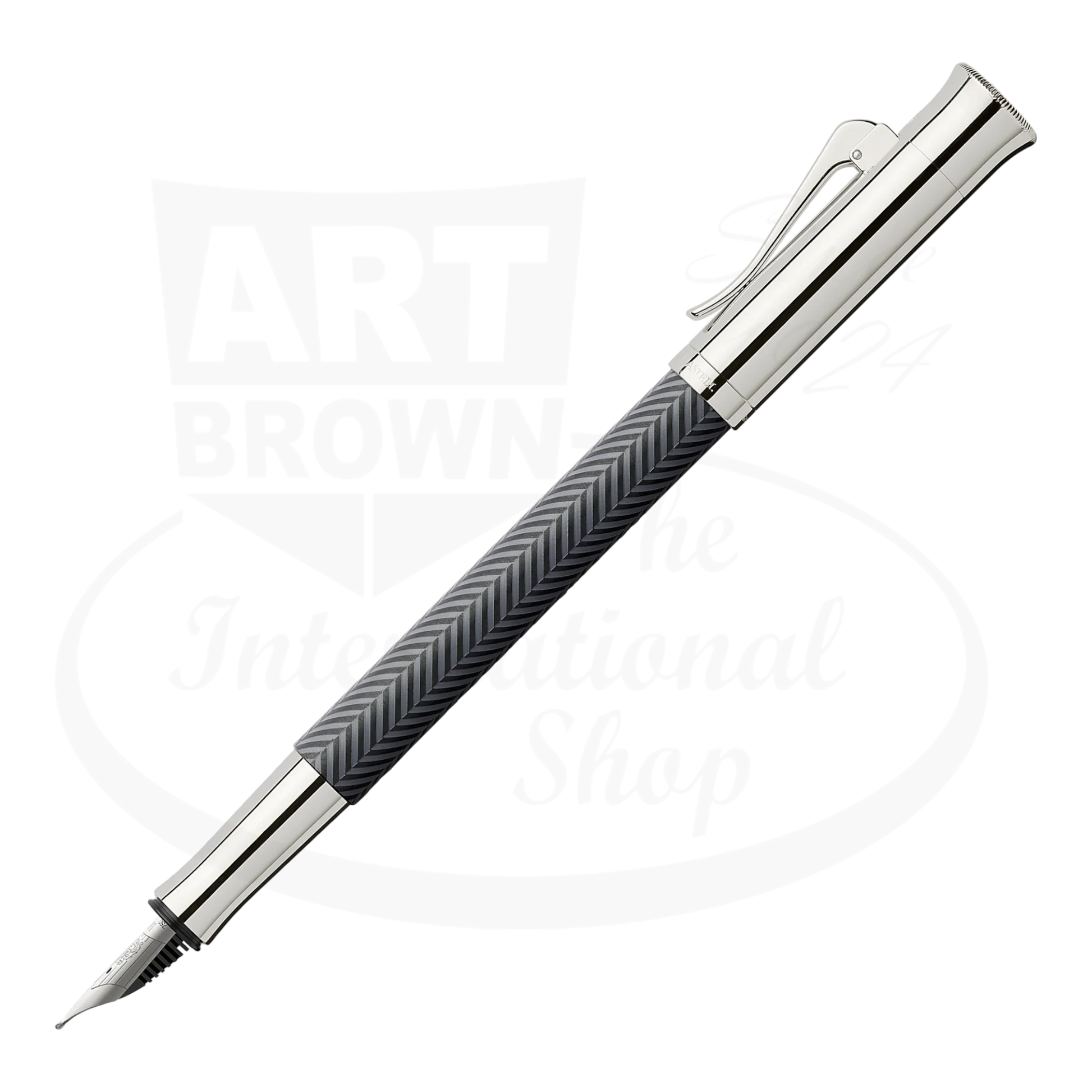 Graf von Faber-Castell Guilloche Anthracite fountain pen with matte resin barrel and silver metal accents in herringbone pattern