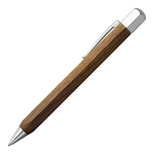 Sleek ballpoint pen with smoked oak barrel and polished chrome accents, perfect as a luxury executive gift.