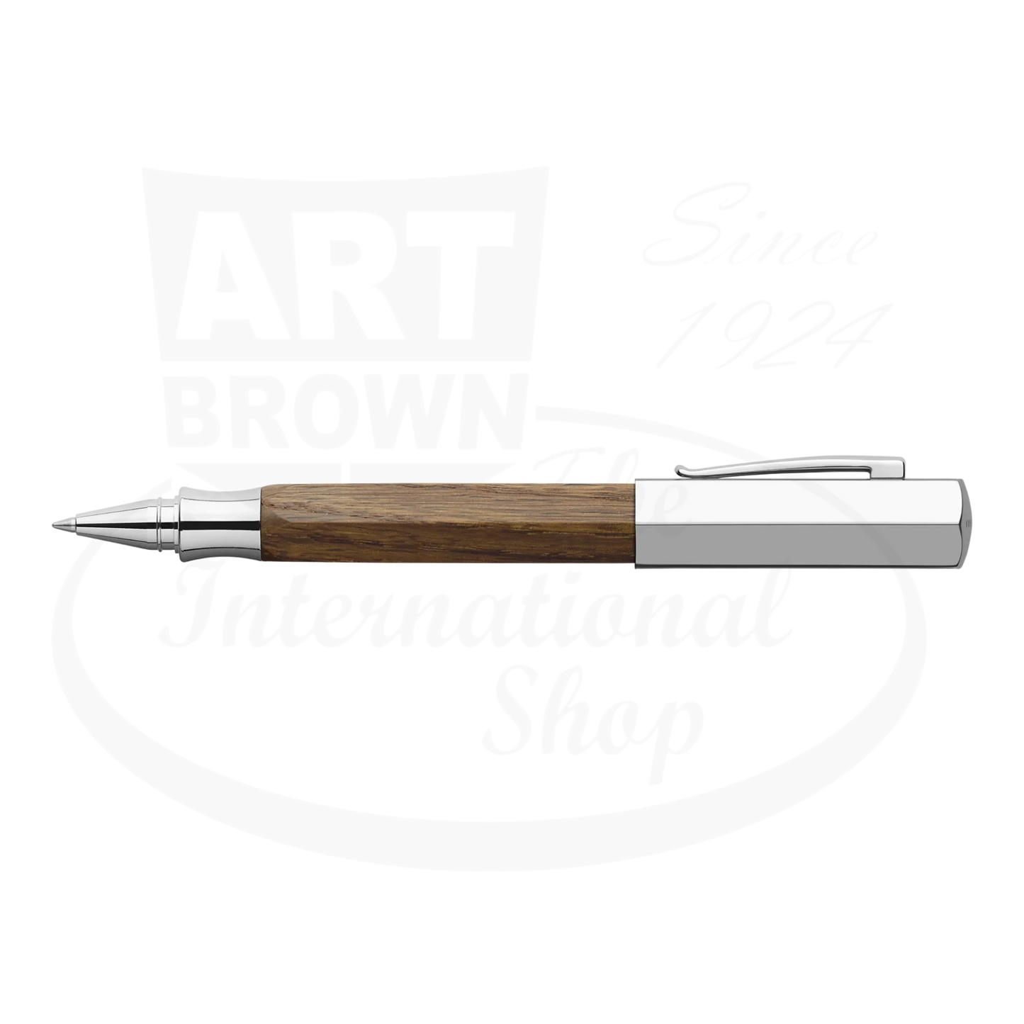 Faber-Castell Ondoro Smoked Oak Rollerball Pen with hexagonal barrel and polished chrome accents